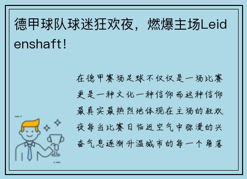 德甲球队球迷狂欢夜，燃爆主场Leidenshaft！