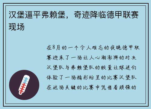 汉堡逼平弗赖堡，奇迹降临德甲联赛现场