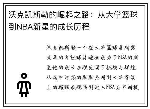 沃克凯斯勒的崛起之路：从大学篮球到NBA新星的成长历程