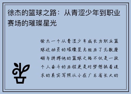 徐杰的篮球之路：从青涩少年到职业赛场的璀璨星光