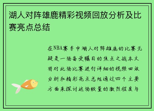 湖人对阵雄鹿精彩视频回放分析及比赛亮点总结