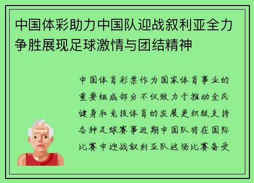 中国体彩助力中国队迎战叙利亚全力争胜展现足球激情与团结精神