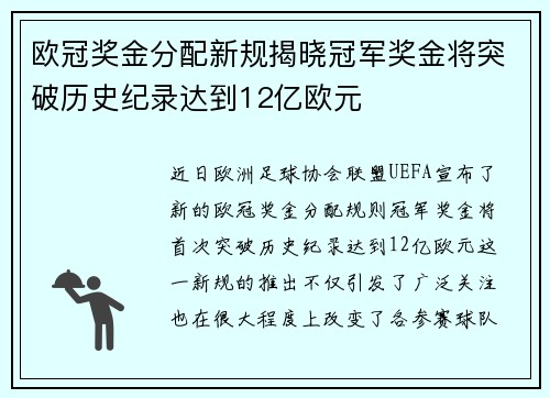 欧冠奖金分配新规揭晓冠军奖金将突破历史纪录达到12亿欧元