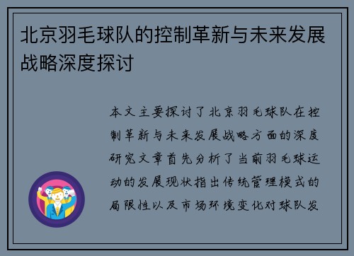 北京羽毛球队的控制革新与未来发展战略深度探讨