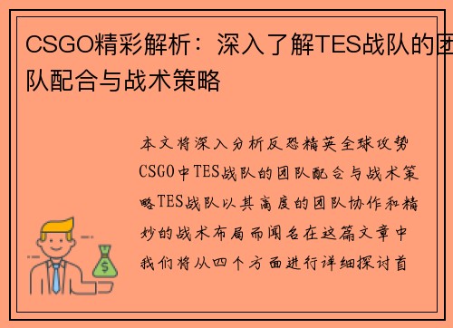 CSGO精彩解析：深入了解TES战队的团队配合与战术策略