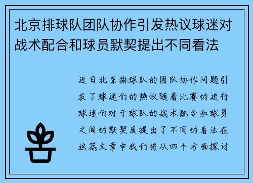 北京排球队团队协作引发热议球迷对战术配合和球员默契提出不同看法